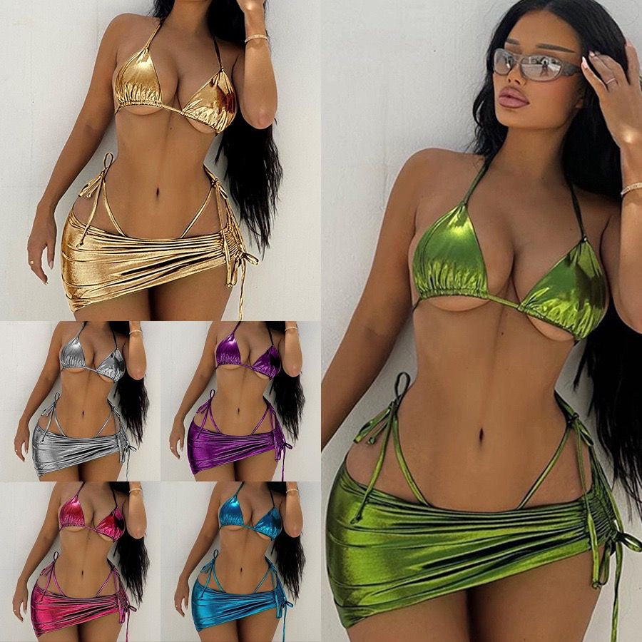 Gold Chrome 3 Piece Swimsuit Set
